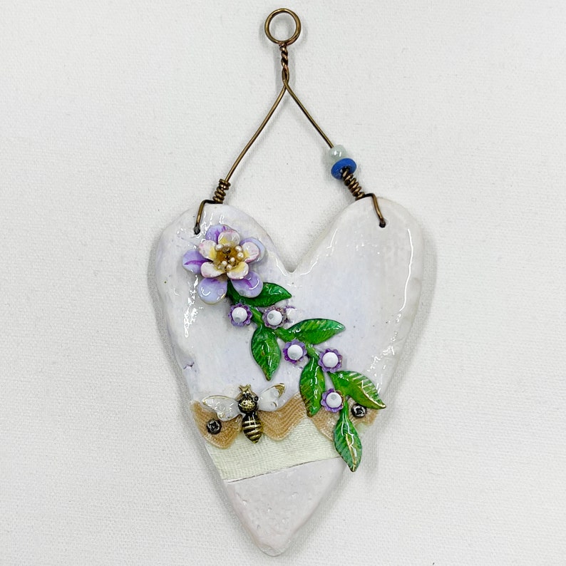 Handmade Heartfelt Ornament 6: hand sculpted heart with mixed media hand-painted enameled flowers by artist Tammy Tutterow image 3
