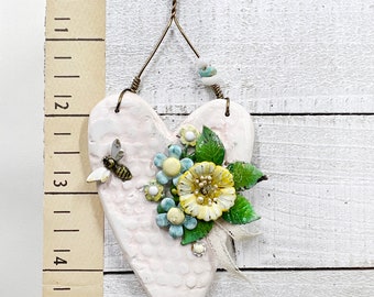 Handmade Clay Heart Ornament: Enameled Floral Mixed Media Art
