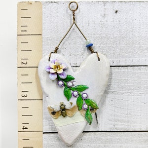 Handmade Heartfelt Ornament 6: hand sculpted heart with mixed media hand-painted enameled flowers by artist Tammy Tutterow image 1