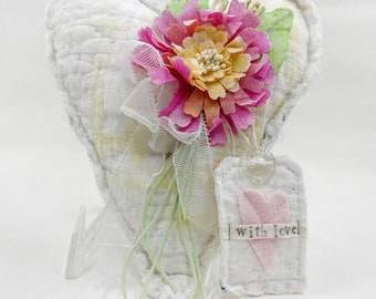 Handmade Vintage Quilt Heart Bowl Filler: Fabric Flowers, Mixed Media Art
