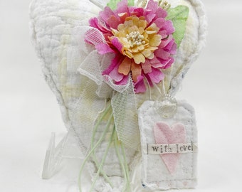 Handmade Heartfelt Love Notes Vintage Heart Bowl Filler #6: mixed media fabric art with handmade flowers by artist Tammy Tutterow