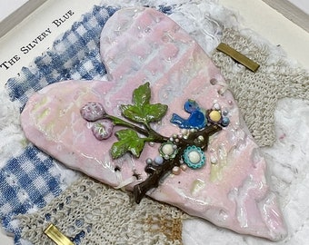 Handmade Sculpted Clay Heart Sampler: Vintage Lace Framed Art