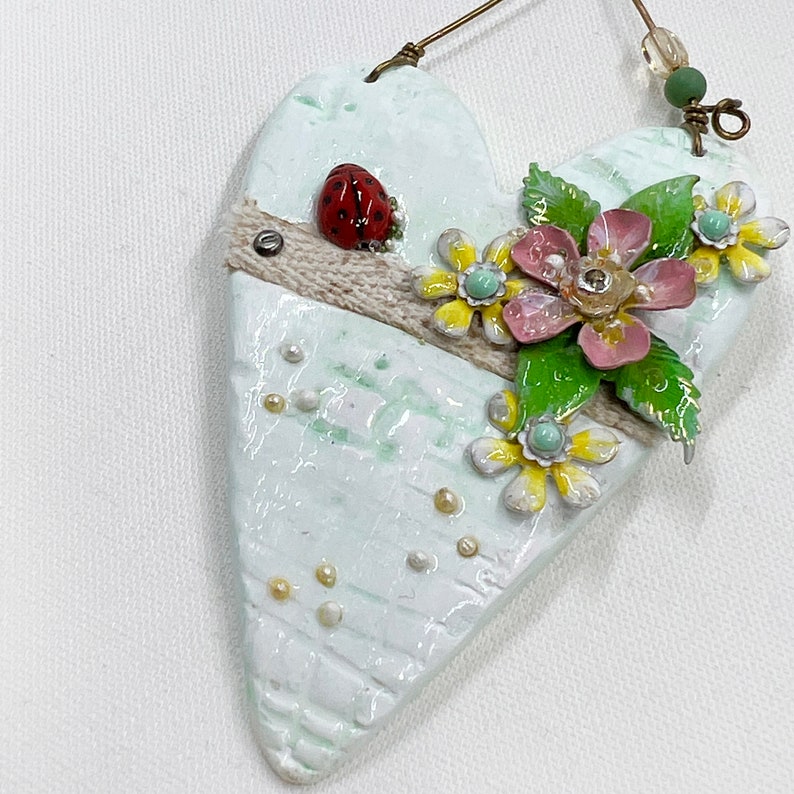 Handmade Heartfelt Ornament 11: hand sculpted heart with mixed media hand-painted enameled flowers by artist Tammy Tutterow image 8