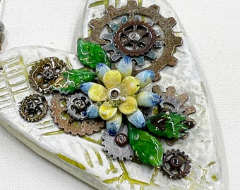 Handmade Heart Ornament: Mixed Media Enameled Flowers, Clay Sculpture