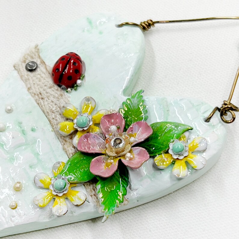 Handmade Heartfelt Ornament 11: hand sculpted heart with mixed media hand-painted enameled flowers by artist Tammy Tutterow image 6