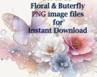 Set of 55 Water Color Flowers  with Butterfly digital PNG files #208-p : Instant Download