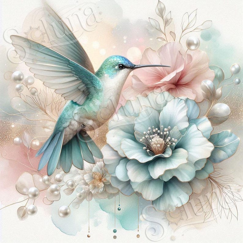 Set of 38 Water Color Flowers with Hummingbird digital images #212 : Instant Download image 8