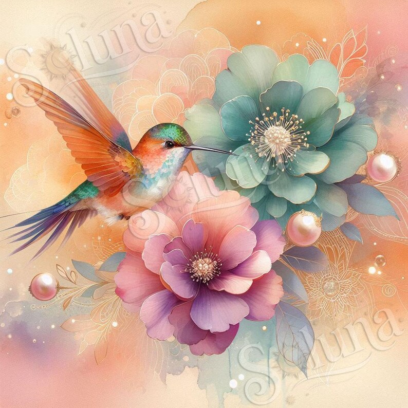 May include: Watercolor illustration of a hummingbird with orange wings, green head, and blue tail, hovering near large, stylized flowers in shades of pink, purple, and teal. The background is a soft blend of peach and cream colors, with pearl accents.