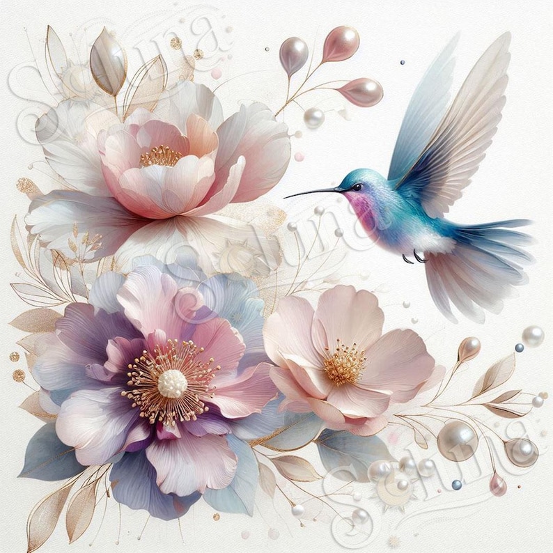 May include: A watercolor illustration featuring a hummingbird in flight amidst pastel-colored flowers. The flowers are in shades of pink, purple, and white, with gold accents and pearl-like embellishments. The hummingbird has blue and pink plumage.