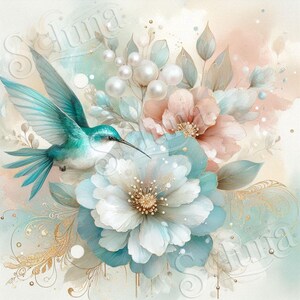 Set of 38 Water Color Flowers with Hummingbird digital images #212 : Instant Download image 7
