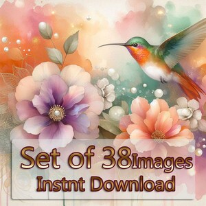 May include: Watercolor painting featuring a hummingbird with green, orange, and red plumage, hovering near large, pastel-colored flowers. The image includes the text "Set of 38 Images Instnt Download."
