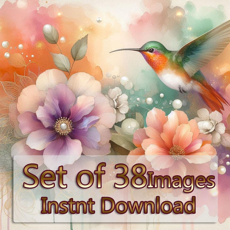 May include: Watercolor painting featuring a hummingbird with green, orange, and red plumage, hovering near large, pastel-colored flowers. The image includes the text "Set of 38 Images Instnt Download."