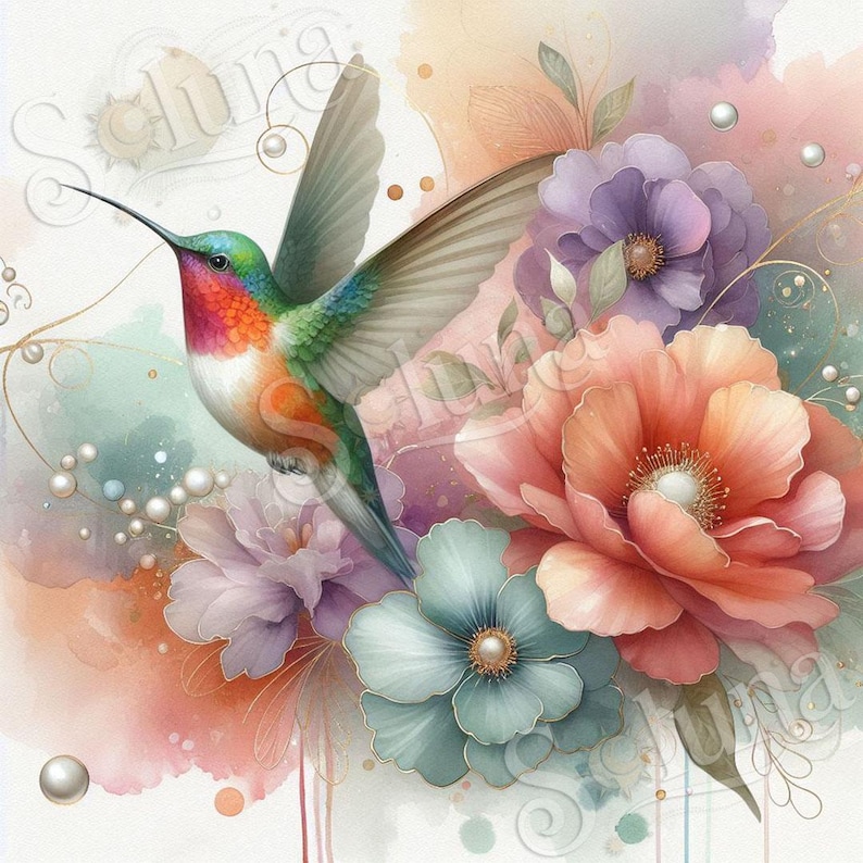 May include: Watercolor painting of a hummingbird in flight, with wings spread, showcasing vibrant colors of green, red, and orange. The bird is surrounded by soft, pastel-colored flowers in shades of pink, purple, and blue, with delicate pearl accents.