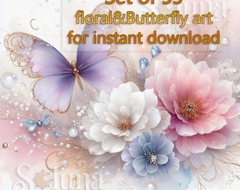 Set of 55 Water Color Flowers  with Butterfly digital images #208 : Instant Download