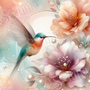 Set of 38 Water Color Flowers with Hummingbird digital images #212 : Instant Download image 3