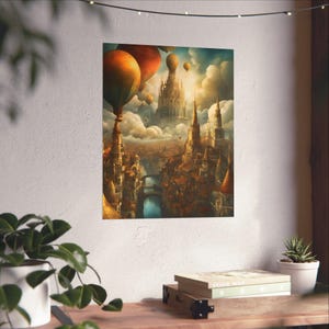 Whimsical Fantasy Art Print: Dreamy Castle, Hot Air Balloons