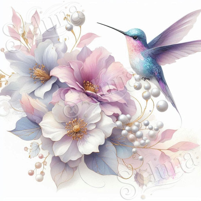 Set of 38 Water Color Flowers with Hummingbird digital images #212 : Instant Download image 1