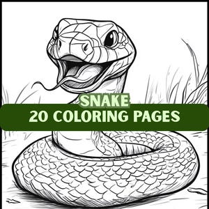 May include: A black and white line drawing of a snake with its mouth open, showing its tongue. The snake is coiled up and has a textured pattern on its scales. The image is titled "Snake: 20 Coloring Pages" and has a "PDF Download" button at the bottom.