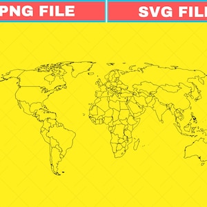 May include: A black outline of a world map on a bright yellow background. The top section features two rectangular labels with red borders and blue accents, containing the white text PNG FILE and SVG FILE respectively, indicating file formats.