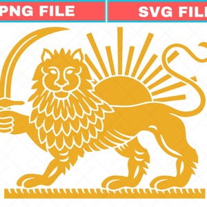 May include: A golden lion holding a curved sword, with a sunburst behind it. The lion is standing on a patterned base. The image has the text "PNG FILE" and "SVG FILE" in a red and blue banner.