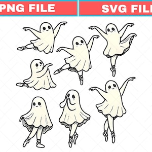 May include: A digital graphic set featuring six white ghosts wearing ballet slippers in various dance poses. Each ghost has a simple black outline, two black eyes, and a small smile. The top of the image displays the text PNG FILE and SVG FILE.