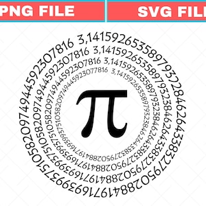 May include: A black Pi symbol is centered in a white circle, surrounded by the digits of Pi. The text "PNG FILE" is in a red rectangle, and "SVG FILE" is in a blue rectangle.