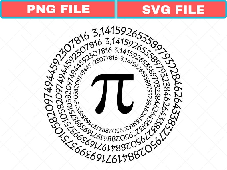 May include: A black Pi symbol is centered in a white circle, surrounded by the digits of Pi. The text "PNG FILE" is in a red rectangle, and "SVG FILE" is in a blue rectangle.