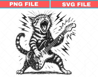 Rock and Roll Cat with Electric Guitar SVG PNG (Digital Download)