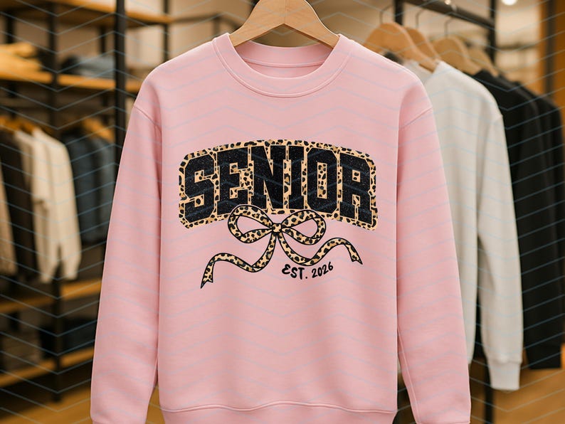 May include: A light pink sweatshirt with the word "SENIOR" in black block letters with a leopard print fill. Below the word is a leopard print bow with the text "EST. 2026". The sweatshirt is hanging on a wooden hanger.