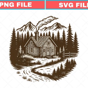 May include: A brown and white graphic illustration featuring a log cabin with a smoking chimney, surrounded by a dense pine forest and mountain peaks. A winding path leads to the cabin, and a wooden fence is visible on the right side.