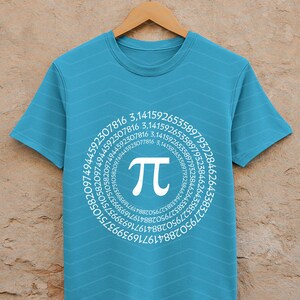 May include: A turquoise t-shirt featuring a white Pi symbol and a circular arrangement of numbers. The numbers are around the Pi symbol. The shirt is displayed on a wooden hanger.