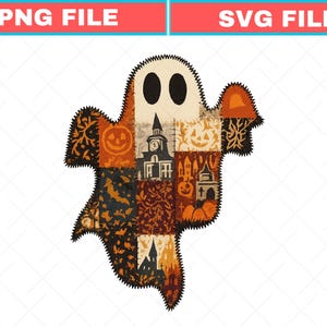 May include: A ghost-shaped graphic featuring a patchwork design of various Halloween-themed patterns in orange, black, and cream. The design includes illustrations of jack-o'-lanterns, haunted houses, bats, and autumn leaves, all outlined with a dark stitched border.