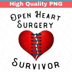 May include: A red heart graphic with a stitched seam, featuring the words "Open Heart Surgery Survivor" in black. The heart has a textured appearance, with blue stitching and a bow at the top.