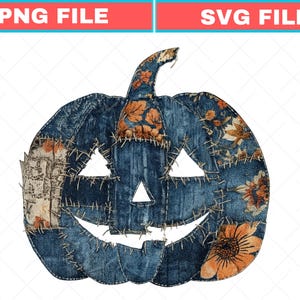 May include: A jack-o'-lantern pumpkin graphic composed of various blue denim fabric patches and floral patterned fabric sections, featuring visible white stitching along the seams, triangular eyes, a triangular nose, and a jagged mouth.