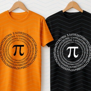 May include: Two t-shirts, one orange and one black, each with a circular design. The design includes the mathematical symbol pi and the digits of pi. The pi symbol is black on the orange shirt and white on the black shirt.