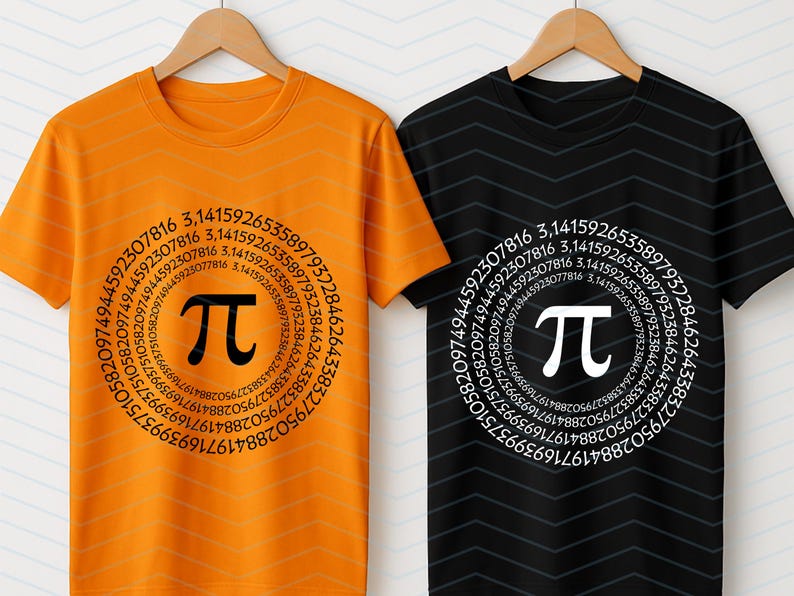 May include: Two t-shirts, one orange and one black, each with a circular design. The design includes the mathematical symbol pi and the digits of pi. The pi symbol is black on the orange shirt and white on the black shirt.