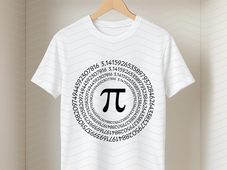 May include: A white t-shirt with a black Pi symbol at the centre of a circle of numbers. The digits of Pi are arranged around the symbol. The t-shirt is hanging on a wooden hanger.