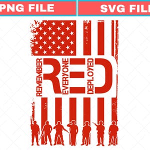Puede incluir: Gráfico rojo, blanco y azul con el texto «REMEMBER EVERYONE DEPLOYED» en un estilo desgastado. El diseño incorpora la bandera estadounidense y siluetas de soldados.