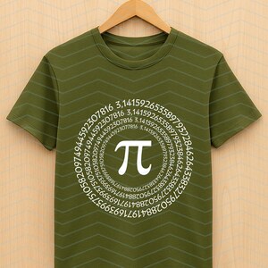 May include: An olive green t-shirt featuring a white Pi symbol and the digits of Pi in a circular pattern. The t-shirt is displayed on a wooden hanger. The background is a light brown colour. The t-shirt has a crew neck and short sleeves.