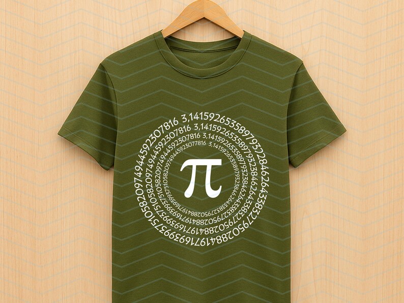 May include: An olive green t-shirt featuring a white Pi symbol and the digits of Pi in a circular pattern. The t-shirt is displayed on a wooden hanger. The background is a light brown colour. The t-shirt has a crew neck and short sleeves.