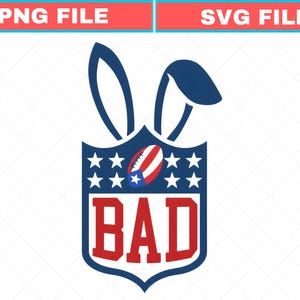 Peut inclure: Conception graphique avec un bouclier bleu et rouge avec des étoiles blanches, un ballon de football et le mot "BAD" en rouge. Au-dessus du bouclier, des oreilles de lapin bleues. Le texte "PNG FILE" et "SVG FILE" est en haut.
