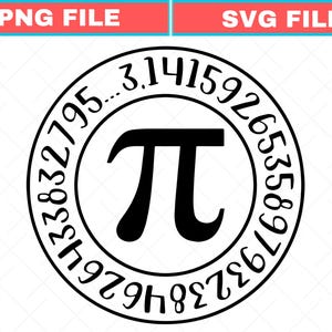May include: A black and white graphic featuring the mathematical symbol pi (π) in the center, surrounded by a circle of numbers representing the value of pi. The text "PNG FILE" and "SVG FILE" are at the top.