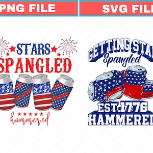 May include: A patriotic design featuring text that reads "STARS SPANGLED" and "hammered" with images of beer cans decorated with the American flag. The design also includes fireworks and stars.
