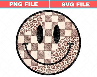 Retro Fall Smiley Face SVG PNG: Leopard Checkered Sublimation (Digital Print)
