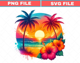 Tropical Sunset Beach SVG, Hibiscus Palm Trees PNG (Digital Download)