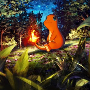 May include: A small orange and red Pokemon character with a flame tail sits in a forest clearing under a starry night sky.