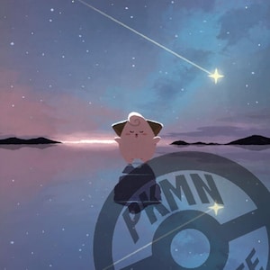 May include: A pink Pokemon character with a blue background and a starry night sky. The Pokemon character is standing on a body of water with a reflection of the character. The image has a Pokemon logo with the text "PKMN PALETTE" in the foreground.