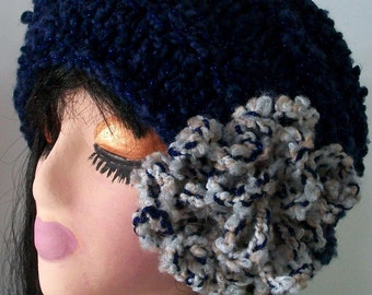 HAT WOMEN KNITTED  Hand knitted womans winter hats  Beehive with Bling  Large Removeable Flower  Dark Blue