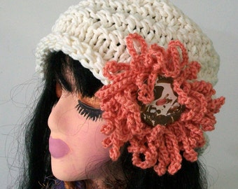 HAT WOMEN KNITTED   Knit  Cloche Open Top Beanie Large Flower