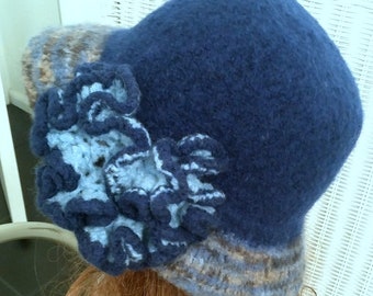 HAT FELT WOMAN'S Hand Made Knitted Blue Large Removable Flower  Held On With Copper Stick Pin